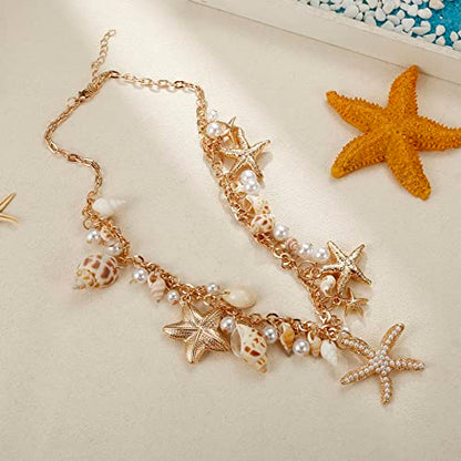 RUOFFETA Shell Starfish Necklace Bracelet Conch Statement Chunky Necklace Mermaid Costume Jewelry Beach Jewelry for Women - style: Necklace