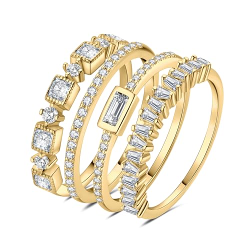 JewelryPalace Princess Emerald Cut CZ Stackable Wedding Ring Eternity Bands for Women, Cubic Zirconia 925 Sterling Silver 14k Yellow Rose Gold Plated Promise Ring for Her, 4pc Anniversary Ring Sets - color: E-4Pcs-Yellow Gold Plated Brass