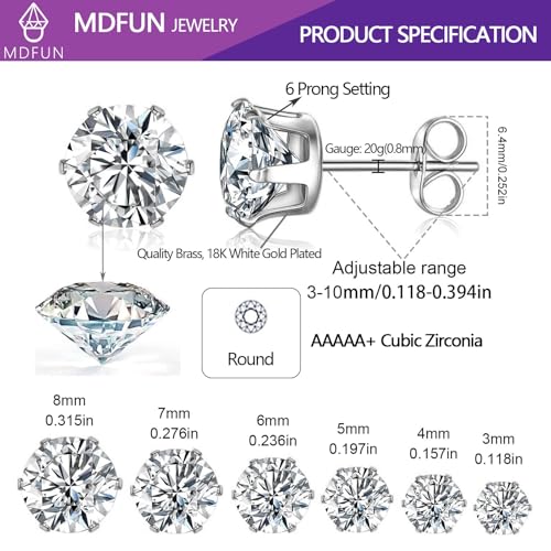 MDFUN 6 Pairs Stud Earrings Sets 3-8MM 18K Gold Plated Round 5A+ Cubic Zirconia Earrings Hypoallergenic CZ 6 Prong Ears Jewelry for Women - color: B-White Gold 3-8MM