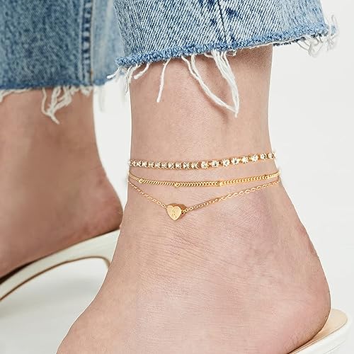 Yanoda Initial Ankle Bracelets for Women, 14K Gold Plated Waterproof Dainty Layered Heart Letter Initial Anklets Personalized Gifts - color: I