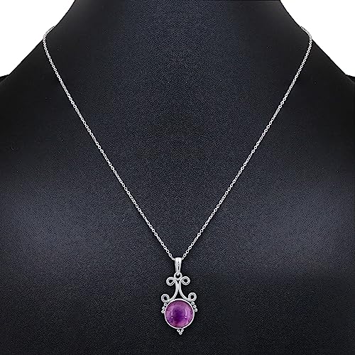 Natural Round Gemstone Pendant Necklace for Women, 925 Sterling Silver | Solitaire Birthstone Jewelry With 18 Inch Chain, Handmade Semi Precious Stone Pendant, Jewelry Gift for Mom, Wife & Sister - color: Amethyst