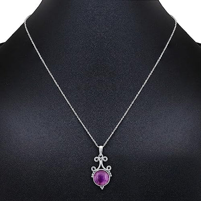 Natural Round Gemstone Pendant Necklace for Women, 925 Sterling Silver | Solitaire Birthstone Jewelry With 18 Inch Chain, Handmade Semi Precious Stone Pendant, Jewelry Gift for Mom, Wife & Sister - color: Amethyst