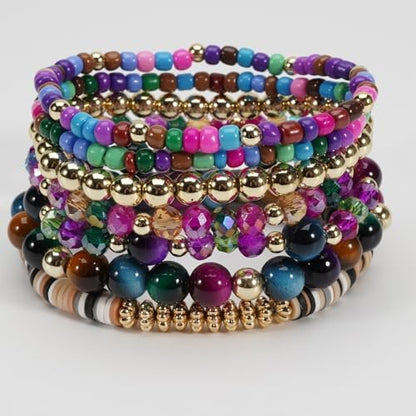 7Pcs Bohemia Multilayer Stackable Crystal Beaded Bracelet Set Multicolor Surfer Heishi Clay Gold Beaded Friendship Stretch Bracelets for Women Men Summer Beach Boho Vacation Jewelry Gifts - color: Colorful