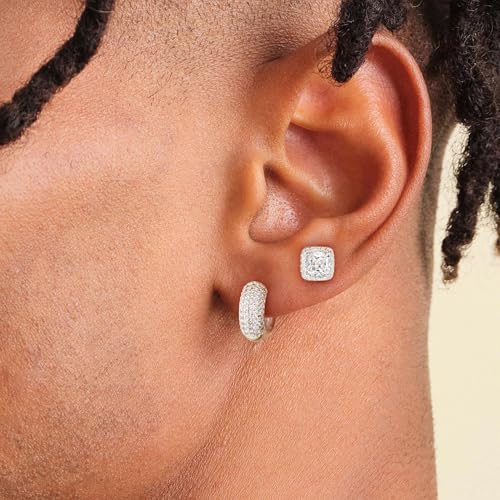 Earrings for Men 14K Gold Plated Hypoallergenic Mens Hoop Earrings | Cubic Zirconia Round/Square Stud with Huggie Hoop Earring Set,Mens Cartilage Studs for Sensitive Ear,Jewelry Gift for Him - color: Square Stud & Huggie - Silver