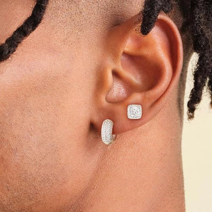 Earrings for Men 14K Gold Plated Hypoallergenic Mens Hoop Earrings | Cubic Zirconia Round/Square Stud with Huggie Hoop Earring Set,Mens Cartilage Studs for Sensitive Ear,Jewelry Gift for Him - color: Square Stud & Huggie - Silver