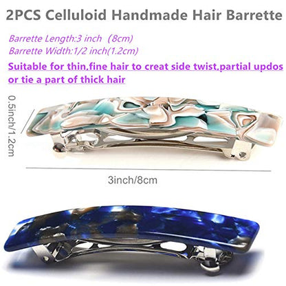 2PCS French Design Hair Barrette Tortoise Shell Celluloid Rectangle Hair Clips for Women - color: Blue,Onyx Green