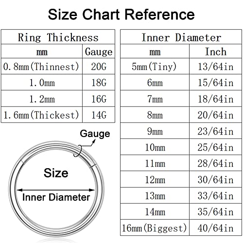 Nose Rings for Women, Gold Hypoallergenic Nose Ring Hoop, 316L Surgical Steel Septum Cartilage Earring, 20G 18G 16G 14 Guage Diameter 5mm to 16mm Body Piercing Lip Jewelry - color: Silver Plated, size: Inner Diameter: 10 mm
