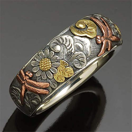 925 Sterling Silver Spinner Ring Meditation Ring Band Wide Hammered Worry Band - color: Dragonfly Flower