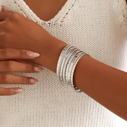 Gold Bangles for Women, 12 Pcs Boho Stackable Bracelets Multi Layer Textured Chunky Bracelets Jewelry Set for Women - color: 7 pcs silver bangles