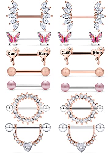 Cisyozi Butterfly Nipple Rings 14G Nipple Piercing Jewelry Stainless Steel Nipple Tongue Ring Barbell Piercing Jewelry for Women 14mm Silver Black Purple Rose Gold 7Pairs - color: 14G(1.6mm) Rose Gold Set