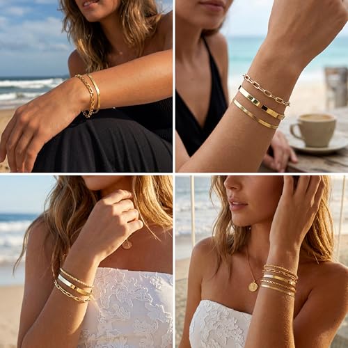 Dainty Gold Bracelet for Women Trendy Non Tarnish, Thin Bracelets Stackable Set with Bangle Cuff, Box, Herringbone, Paperclip, Figaro, Sparkling Link Chains Waterproof, Simple Jewelry Gifts for Women - color: style 03-gold