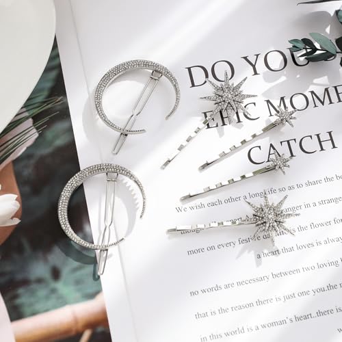 Beaupretty 2pcs Moon Star Hair Clips Vintage Metal Alloy Rhinestone Bobby Pins Hair Accessories for Women Silver