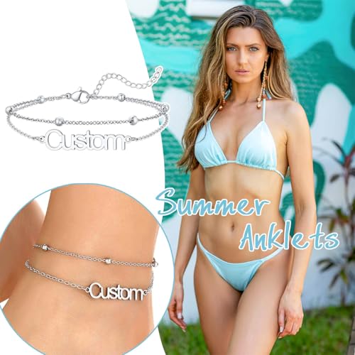 U7 Custom Layered Ankle Bracelets for Women Stainless Steel Bead/Cuban/Figaro/Rope/Wheat Chain Anklet Waterproof Anklet Jewelry for Beach Vacation - color: b-Silver-Bead Chain