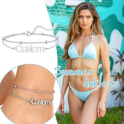 U7 Custom Layered Ankle Bracelets for Women Stainless Steel Bead/Cuban/Figaro/Rope/Wheat Chain Anklet Waterproof Anklet Jewelry for Beach Vacation - color: b-Silver-Bead Chain