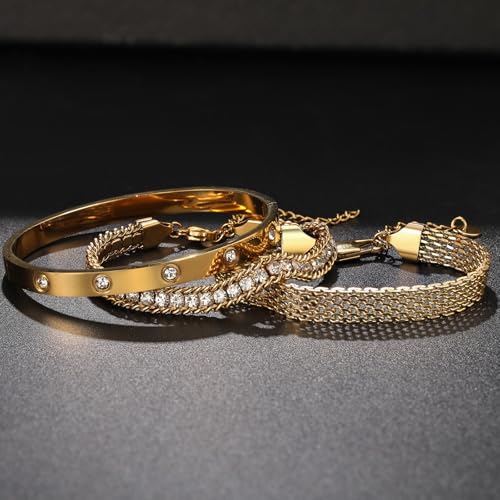 18K Gold Plated Bangle Bracelet Set for women,Cubic Zirconia Classic Stainless Steel Adjustable Gold Tennis Love Bracelets Stack for women and men - color: CZ and Wristband Set