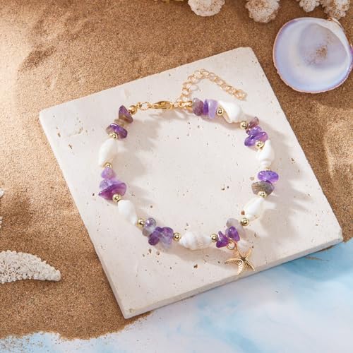 Waterproof Starfish Shell Bead Anklets Bracelets for Women Bohemian Hawaiian Beach Crushed Stone Bead Anklet Summer Mermaid Outfit Costume Jewelry Accessories - color: Purple