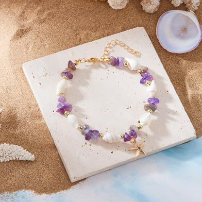 Waterproof Starfish Shell Bead Anklets Bracelets for Women Bohemian Hawaiian Beach Crushed Stone Bead Anklet Summer Mermaid Outfit Costume Jewelry Accessories - color: Purple