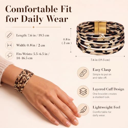 Fesciory Leather Wrap Bracelet for Women, Boho Western Layered Cuff Jewelry | Stackable Bracelets, Easy-On Clasp, Daily Wear, Pairs with Boho Western Outfits, Gift for Women - color: Brown1