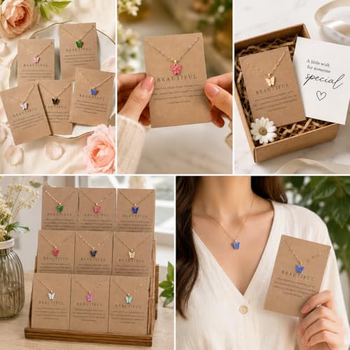 Rrdaily 9 Pcs Dainty Colorful Butterfly Pendant Necklace Set for Women,Bohemian Acrylic Butterfly Chain Necklace Cute Jewelry Gift - style: Style#B-gold card