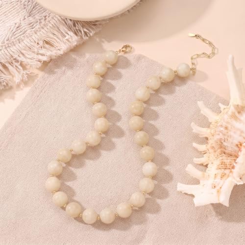 Colorful Beaded Necklace for Women Boho Statement Chunky Necklace Natural Stone Beads Gemstone Choker Necklaces Handmade Summer Beach Jewelry - color: Beige