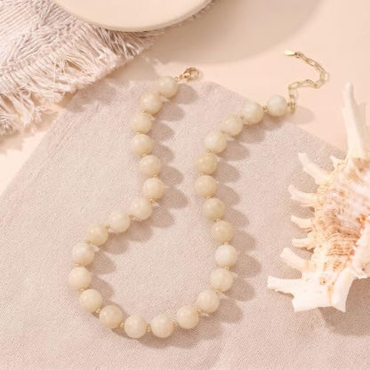 Colorful Beaded Necklace for Women Boho Statement Chunky Necklace Natural Stone Beads Gemstone Choker Necklaces Handmade Summer Beach Jewelry - color: Beige