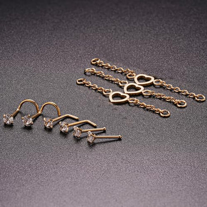 Nose Ring Chain Across Nose Black Stainless Steel Nostril Nose Piercing Chain with Cubic Zirconia Nose Screw Bone L-Shaped Ring for Women Body Piercing Nostril Jewelry with Bridge Chain - color: Gold-Single Heart Nose Chain Studs