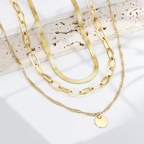 Layered Necklaces for Women,14k Gold Plated Dainty Necklace Stack Set Non Tarnish Adjustable Silver Stainless Steel CZ Heart Circle Pendant Paperclip Choker Herringbone Snake Chain Jewelry - style: Gold Circle Layered Necklace