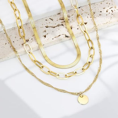 Layered Necklaces for Women,14k Gold Plated Dainty Necklace Stack Set Non Tarnish Adjustable Silver Stainless Steel CZ Heart Circle Pendant Paperclip Choker Herringbone Snake Chain Jewelry - style: Gold Circle Layered Necklace