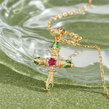 Fettero Cross Necklace for Women Faith Pendant 14K Plated Dainty Chain Necklaes Minimalist Simple Tiny God Lords Prayer Religious Jewelry - style: Emerald snake-head