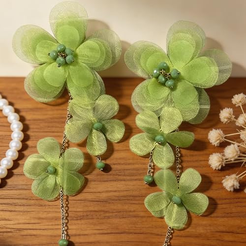 Flower Earrings for Women Long Fabric Flower Tassel Earrings Bohemian Handmade Floral Statement Earring Wedding Prom Jewelry Gifts - color: A7:green