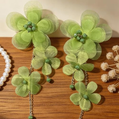Flower Earrings for Women Long Fabric Flower Tassel Earrings Bohemian Handmade Floral Statement Earring Wedding Prom Jewelry Gifts - color: A7:green