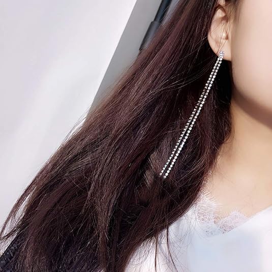 HUJUON Elegant Long Rhinestone Chain Earrings. Punk Double Strand Tassel Line Earrings Minimalism Crystal Drop Earrings for Women Wedding Jewelry