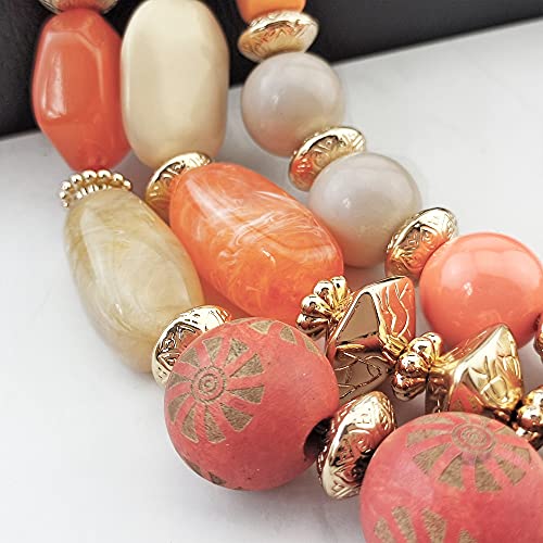 Bocar 3 Layer Chunky Statement Beaded Necklace and Earrings Set, Fashion Multi Layer Women Collar Necklace Jewelry Set - color: Coral Pink