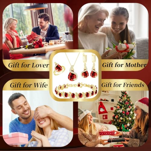 Jewelry Set for Women Teardrop Earrings Necklace Ring Bracelet Set Party Wedding Jewelry Gift for Mother Wife Friend - color: Gold-Garnet