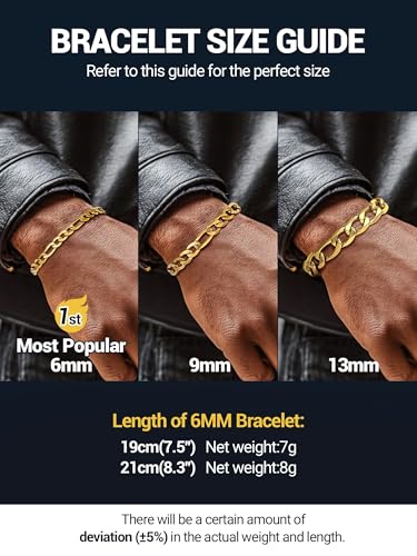 PROSTEEL Bracelets for Men, Figaro/Cuban Mens Bracelet, Silver/Gold/Black | 6/9/13mm Width, 7.5/8.3/9" Length, Stainless Steel Mens Bracelet, Durable & Non Tarnish, Chunky Jewelry with Gift Box - style: A 6mm-Figaro-Gold