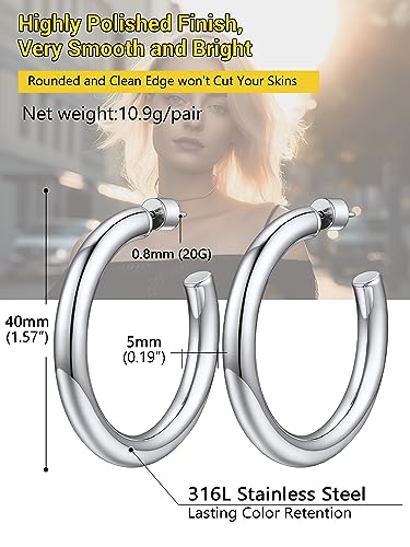 PROSTEEL Chunky Hoop Earrings for Women 14K Gold Plated/Black/Silver | 20/30/40/50/60/70/80mm Stainless Steel Thick Big Round Hoop with Waterproof and Non Tarnish Trendy Jewelry with Gift Box - color: 2. Silver, size: 40MM
