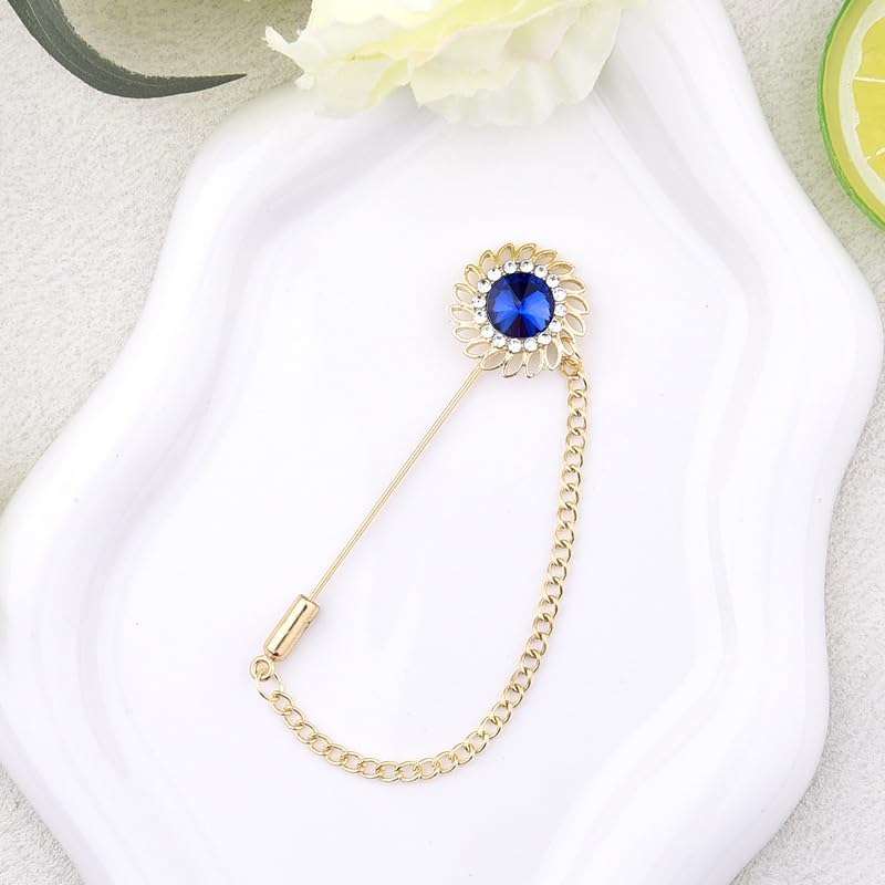 Mens Sunflower Lapel Pin Crystal Rhinestone Brooches for Men Hanging Chain Brooch Suit Pin Flower Lapel Pins for Men Wedding Business Party - color: Blue