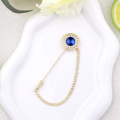 Mens Sunflower Lapel Pin Crystal Rhinestone Brooches for Men Hanging Chain Brooch Suit Pin Flower Lapel Pins for Men Wedding Business Party - color: Blue