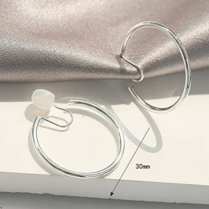 Clip On Hoop Earrings for Women Not Pierced Gold Silver Large Chnky Square Twisted Comfortable Coil Hoop Clip On Earrings - color: 30mm Hoop Silver