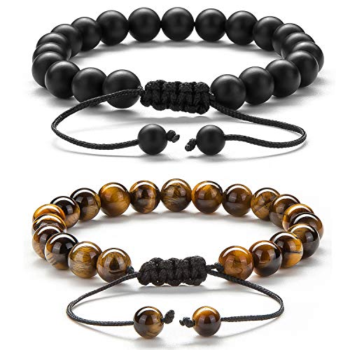 Men Women 8mm Tiger Eye Stone Beads Bracelet - color: Black and Brown