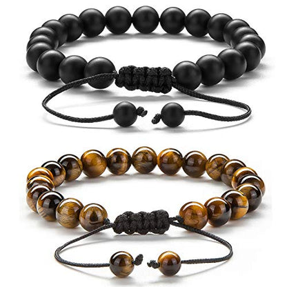 Men Women 8mm Tiger Eye Stone Beads Bracelet - color: Black and Brown