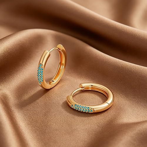 DREMMY STUDIOS Gold Dainty Huggie Hoop Earrings 18K Gold Plated Exquisite Open Tassel Dangle Charm Drop Sleeper Geometric Cross Coin Star Heart White CZ Simple Hypoallergenic Earrings for Women - color: Turquiose Hoops