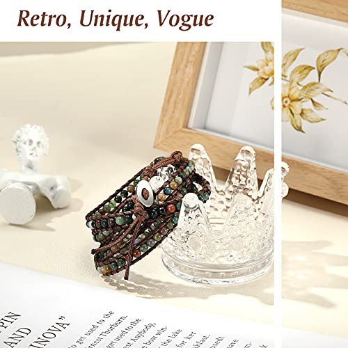 Emibele Layered Leather Bracelet, Rivet Leopard Print Bohemian Style Multilayer Wrap Bracelet, Handmade Agate Amethyst Chakra Crystal Glass Beaded Shell Bracelet for Women - color: Agate green