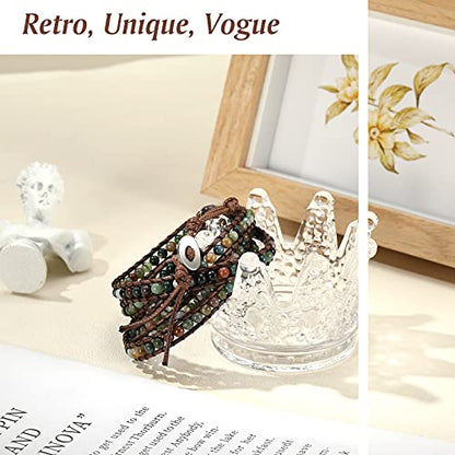 Emibele Layered Leather Bracelet, Rivet Leopard Print Bohemian Style Multilayer Wrap Bracelet, Handmade Agate Amethyst Chakra Crystal Glass Beaded Shell Bracelet for Women - color: Agate green