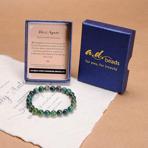 AD Beads Handmade Gemstone Stretch Elastic Bracelet Crystal Healing Reiki Nature's Beauty and Spiritual Essence Unisex (10mm, Moss Agate (Universal Connection)) - color: Moss Agate (Universal Connection), size: 10mm