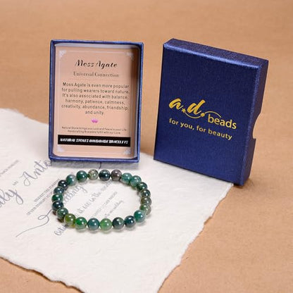 AD Beads Handmade Gemstone Stretch Elastic Bracelet Crystal Healing Reiki Nature's Beauty and Spiritual Essence Unisex (10mm, Moss Agate (Universal Connection)) - color: Moss Agate (Universal Connection), size: 10mm