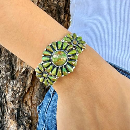 Southwest Style Genuine Gemstones 925 Sterling Silver Cluster Bracelet - color: Green