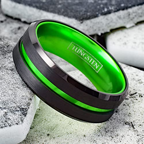 Personalized Engraved 6mm/8mm Black Tungsten Carbide Band Ring w/Bright Lime Green Stripe & Matching Lime Green Anodized Aluminum Inner Band feat. Comfort Fit.