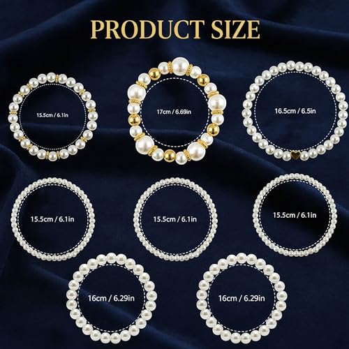 8pcs Faux Pearl Bracelets for Women, Stackable Stretchy Bridal Jewelry Set, Elastic Layered Bracelets for Wedding Bridesmaid Party Prom Christmas - color: golden