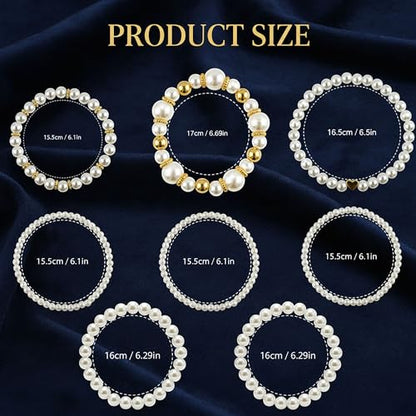 8pcs Faux Pearl Bracelets for Women, Stackable Stretchy Bridal Jewelry Set, Elastic Layered Bracelets for Wedding Bridesmaid Party Prom Christmas - color: golden